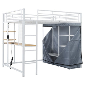 HomeRoots White Four Poster Full Loft Bed with Desk and Shelves - Stylish Space-Saving Design for Any Room 592802