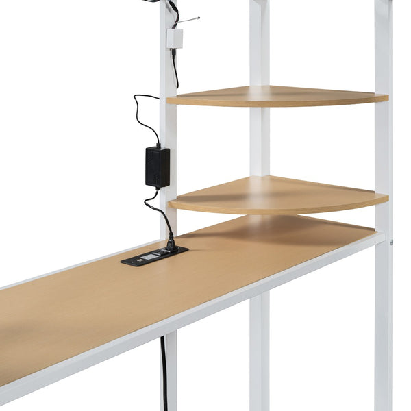HomeRoots White Four Poster Full Loft Bed with Desk and Shelves - Stylish Space-Saving Design for Any Room 592802