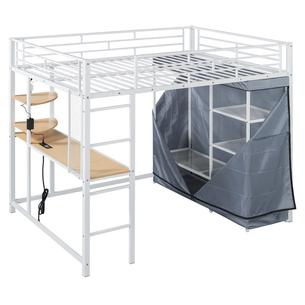 HomeRoots White Four Poster Full Loft Bed with Desk and Shelves - Stylish Space-Saving Design for Any Room 592802