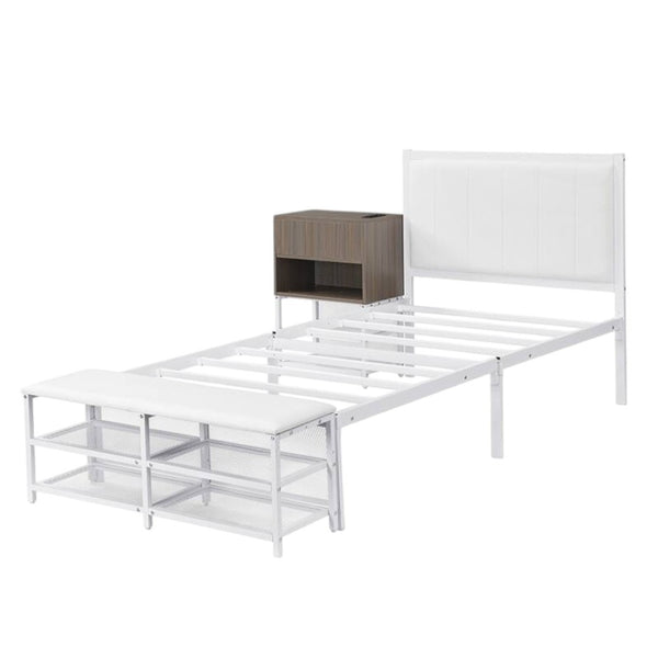 HomeRoots White Upholstered Twin Bed Frame with Tufted Design - Stylish Metal Structure for Modern Bedrooms 592808