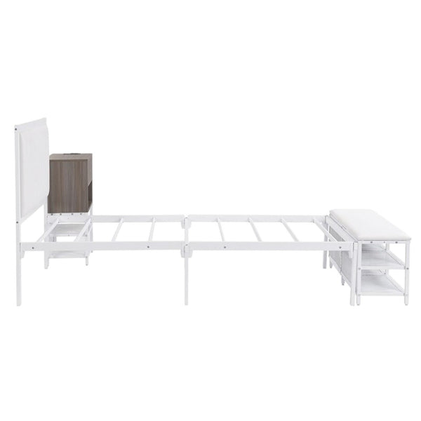 HomeRoots White Upholstered Twin Bed Frame with Tufted Design - Stylish Metal Structure for Modern Bedrooms 592808