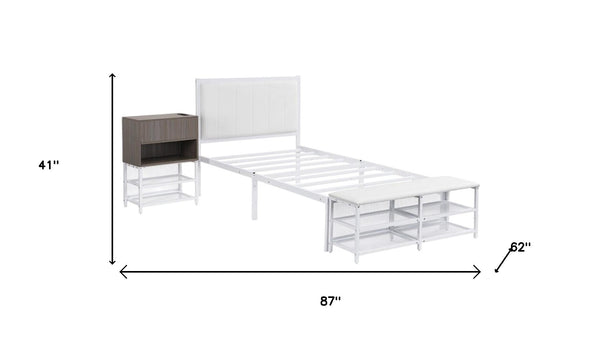 HomeRoots White Upholstered Twin Bed Frame with Tufted Design - Stylish Metal Structure for Modern Bedrooms 592808