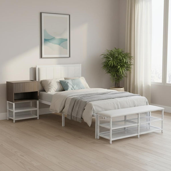 HomeRoots White Upholstered Twin Bed Frame with Tufted Design - Stylish Metal Structure for Modern Bedrooms 592808