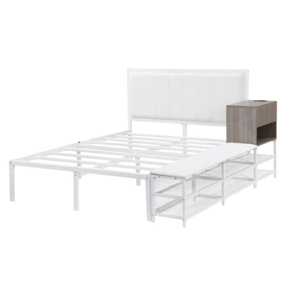 HomeRoots White Metal & Tufted Upholstered Full Bed Frame - Elegant Design for Comfort & Lasting Support 592810