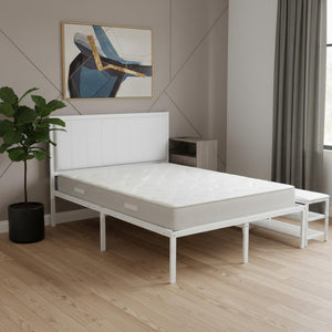 HomeRoots White Metal & Tufted Upholstered Full Bed Frame - Elegant Design for Comfort & Lasting Support 592810