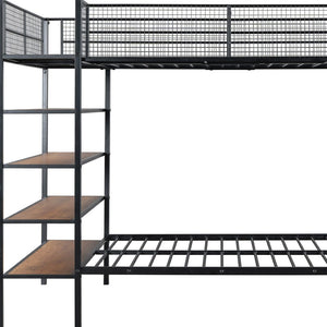 HomeRoots Black Twin Over Full Industrial Metal Bunk Bed with Rustic Shelves for Stylish Space-Saving Solutions 592811