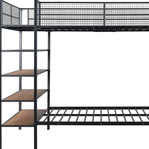 HomeRoots Black Twin Over Full Industrial Metal Bunk Bed with Rustic Shelves for Stylish Space-Saving Solutions 592811