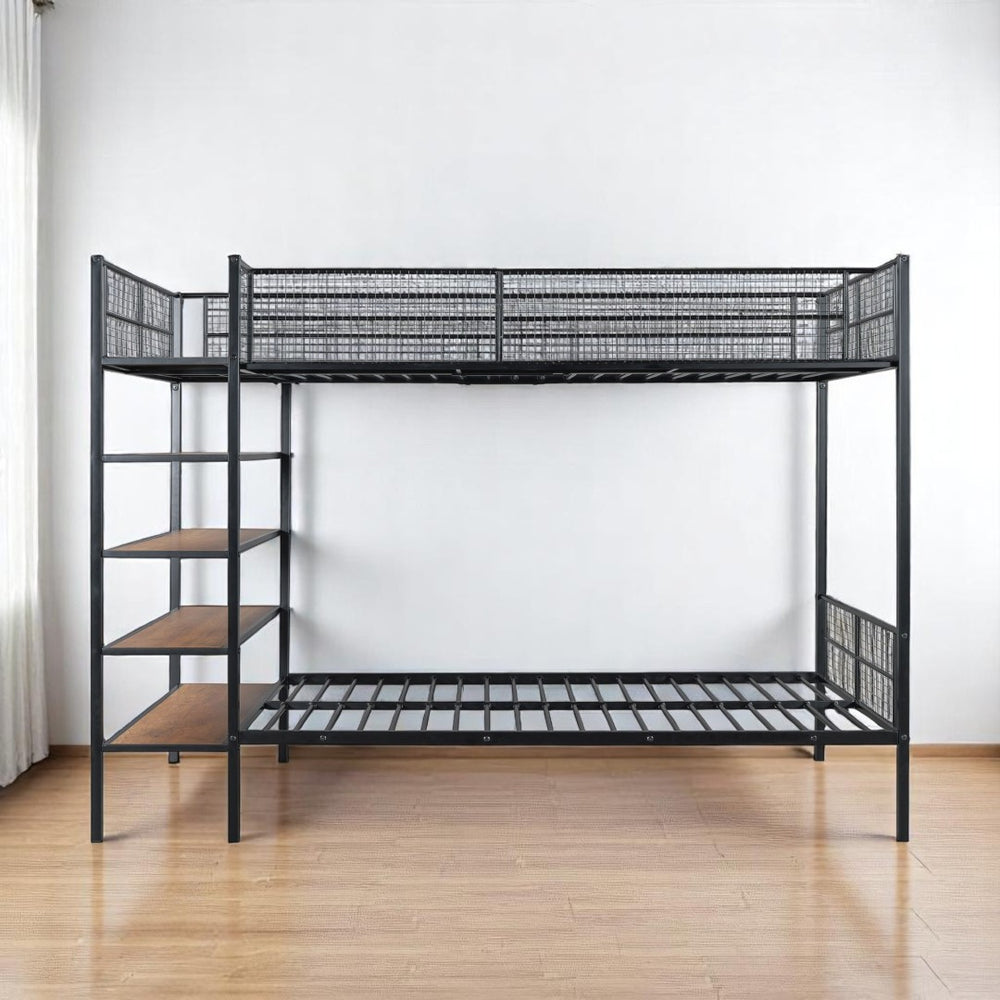 HomeRoots Black Twin Over Full Industrial Metal Bunk Bed with Rustic Shelves for Stylish Space-Saving Solutions 592811