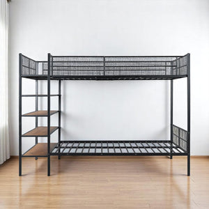 HomeRoots Black Twin Over Full Industrial Metal Bunk Bed with Rustic Shelves for Stylish Space-Saving Solutions 592811