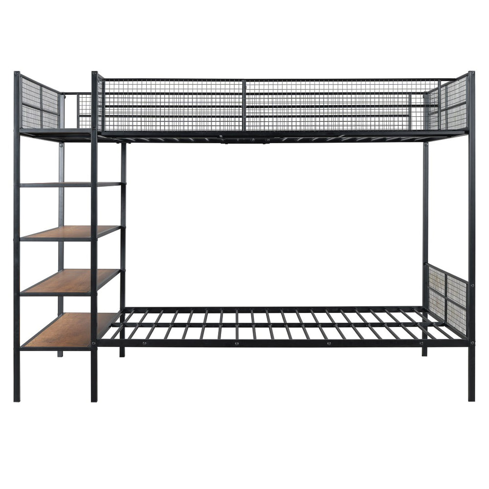 HomeRoots Black Twin Over Full Industrial Metal Bunk Bed with Rustic Shelves for Stylish Space-Saving Solutions 592811