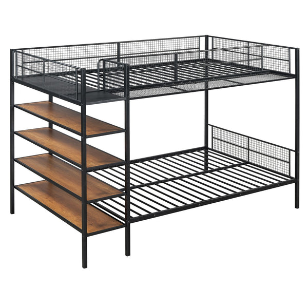 HomeRoots Black Twin Over Full Industrial Metal Bunk Bed with Rustic Shelves for Stylish Space-Saving Solutions 592811