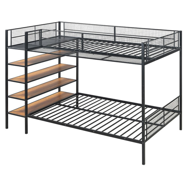 HomeRoots Black Twin Over Full Industrial Metal Bunk Bed with Rustic Shelves for Stylish Space-Saving Solutions 592811