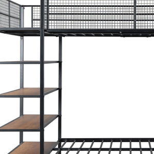 HomeRoots Black Twin Over Full Industrial Metal Bunk Bed with Rustic Shelves for Stylish Space-Saving Solutions 592811
