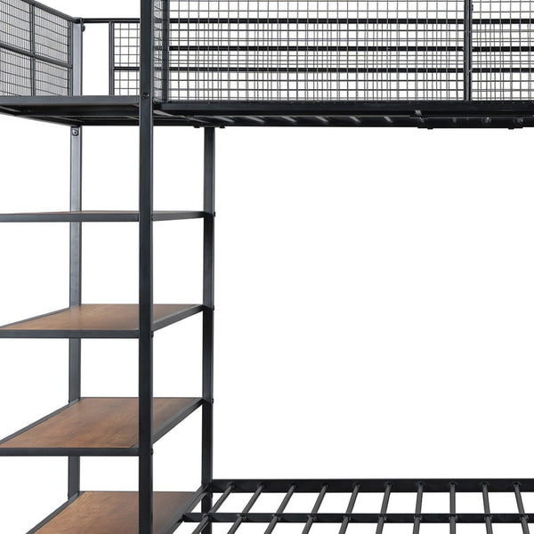HomeRoots Black Twin Over Full Industrial Metal Bunk Bed with Rustic Shelves for Stylish Space-Saving Solutions 592811