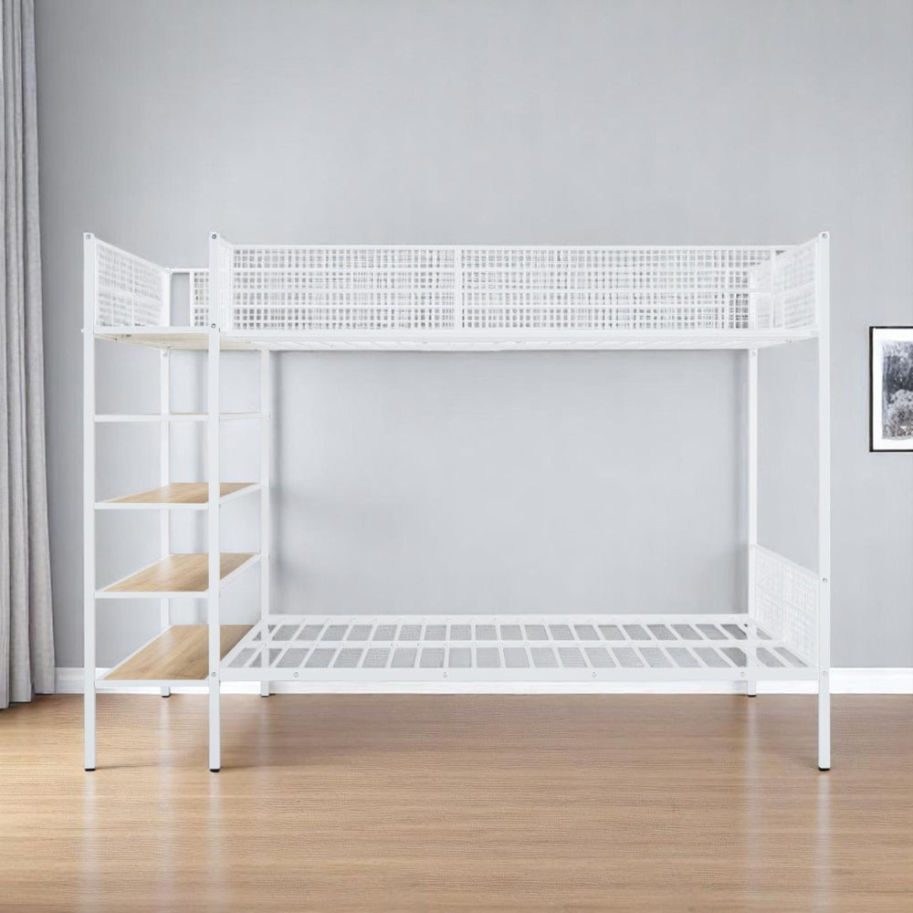 HomeRoots White Twin Over Full Industrial Metal Bunk Bed with Shelves – Modern Space-Saving Sleep Solution! 592812
