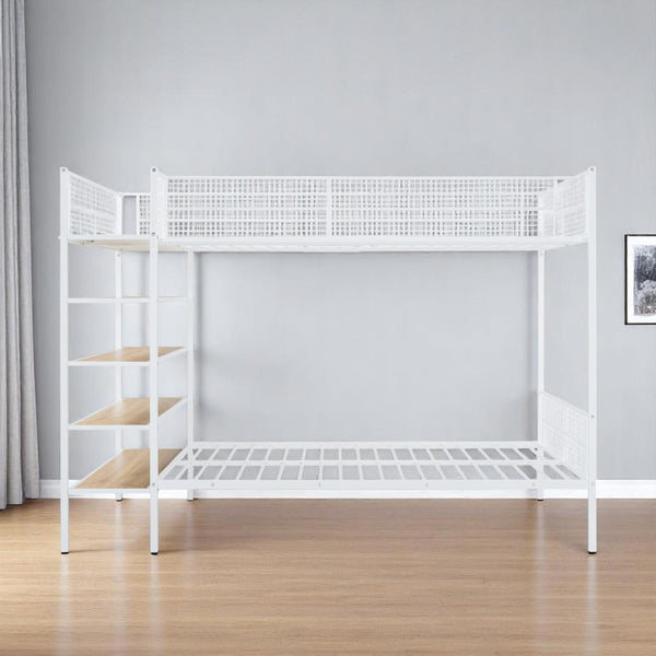 HomeRoots White Twin Over Full Industrial Metal Bunk Bed with Shelves – Modern Space-Saving Sleep Solution! 592812