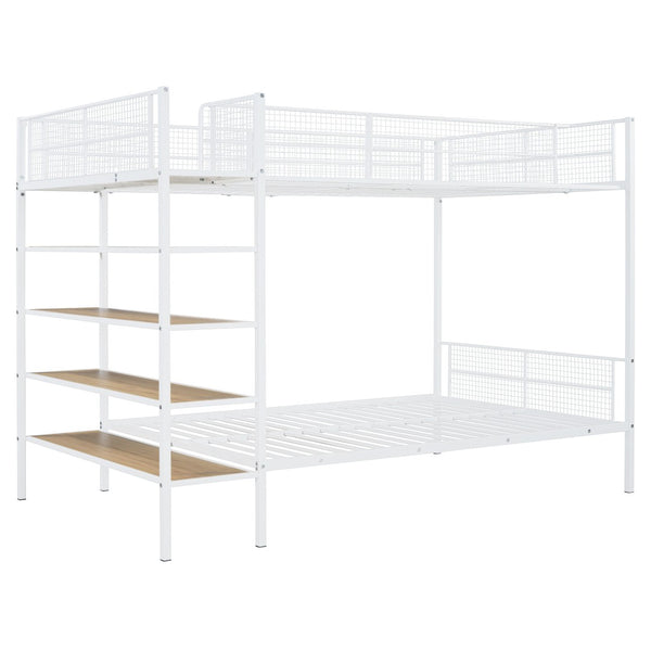 HomeRoots White Twin Over Full Industrial Metal Bunk Bed with Shelves – Modern Space-Saving Sleep Solution! 592812