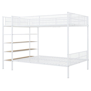 HomeRoots White Twin Over Full Industrial Metal Bunk Bed with Shelves – Modern Space-Saving Sleep Solution! 592812