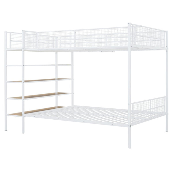 HomeRoots White Twin Over Full Industrial Metal Bunk Bed with Shelves – Modern Space-Saving Sleep Solution! 592812
