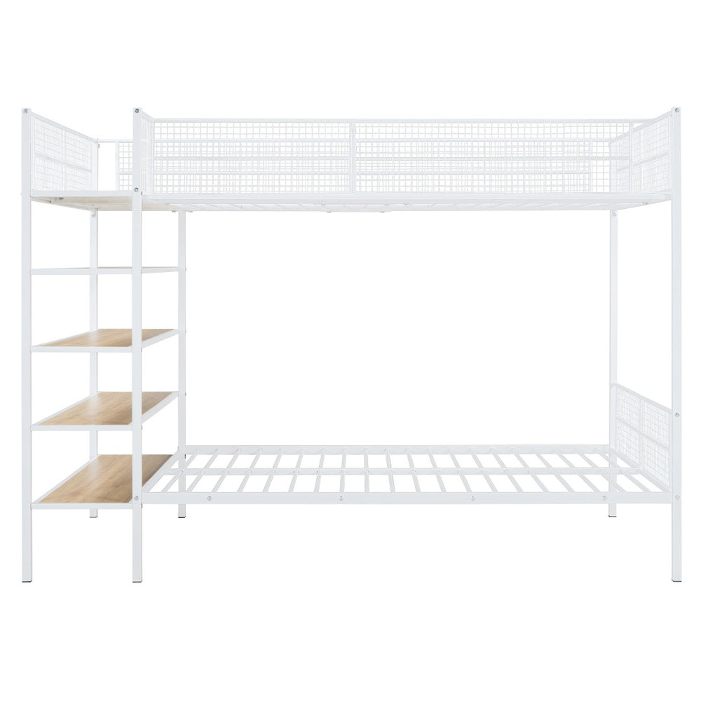 HomeRoots White Twin Over Full Industrial Metal Bunk Bed with Shelves – Modern Space-Saving Sleep Solution! 592812