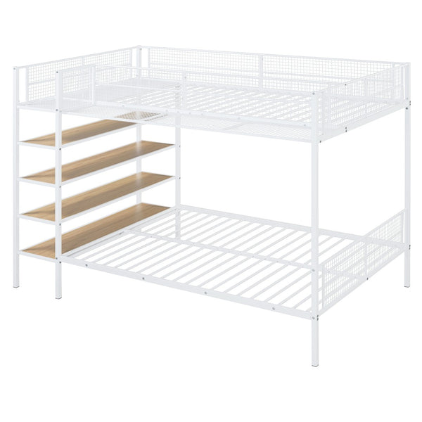 HomeRoots White Twin Over Full Industrial Metal Bunk Bed with Shelves – Modern Space-Saving Sleep Solution! 592812