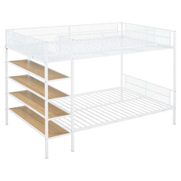 HomeRoots White Twin Over Full Industrial Metal Bunk Bed with Shelves – Modern Space-Saving Sleep Solution! 592812