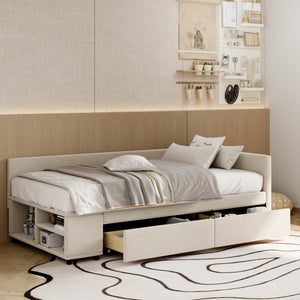 HomeRoots Beige Tufted Velvet Twin Bed Frame with Drawers - Stylish Storage & Support for Cozy Sleep Spaces 592813