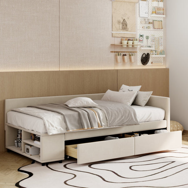 HomeRoots Beige Tufted Velvet Twin Bed Frame with Drawers - Stylish Storage & Support for Cozy Sleep Spaces 592813