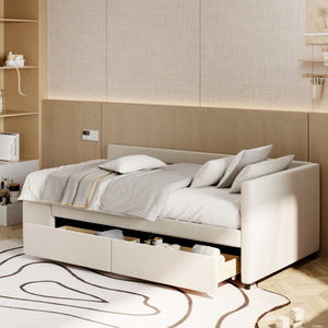HomeRoots Beige Tufted Velvet Twin Bed Frame with Drawers - Stylish Storage & Support for Cozy Sleep Spaces 592813