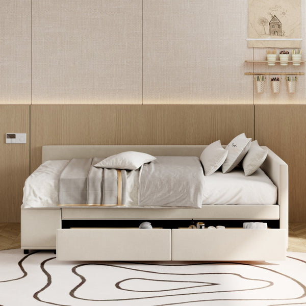 HomeRoots Beige Tufted Velvet Twin Bed Frame with Drawers - Stylish Storage & Support for Cozy Sleep Spaces 592813
