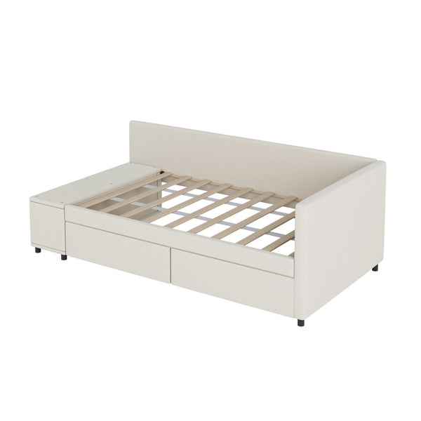 HomeRoots Beige Tufted Velvet Twin Bed Frame with Drawers - Stylish Storage & Support for Cozy Sleep Spaces 592813