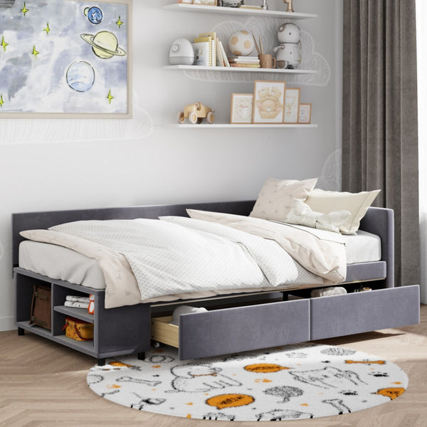 HomeRoots Gray Tufted Velvet Twin Bed Frame with Stylish Storage Drawers for Modern Bedroom Elegance 592814