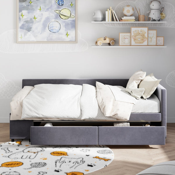 HomeRoots Gray Tufted Velvet Twin Bed Frame with Stylish Storage Drawers for Modern Bedroom Elegance 592814