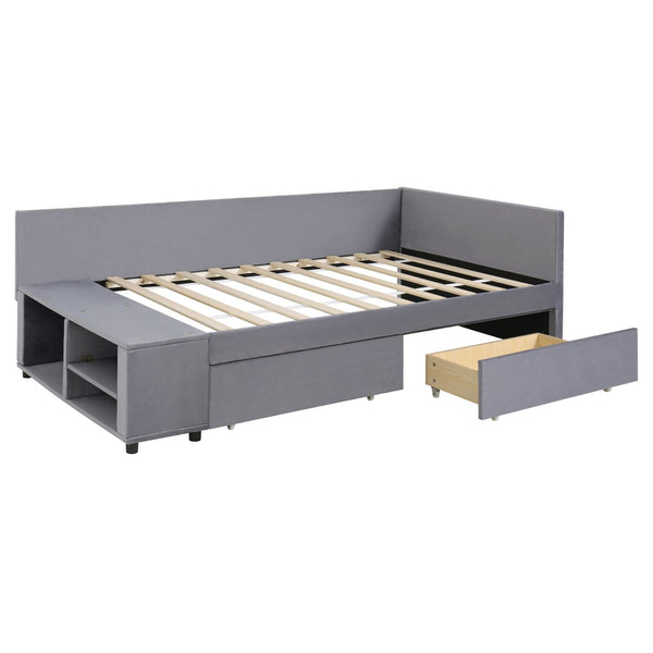 HomeRoots Gray Tufted Velvet Twin Bed Frame with Stylish Storage Drawers for Modern Bedroom Elegance 592814