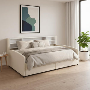 HomeRoots Beige Tufted Velvet Twin Bed Frame with Under-Bed Drawers for Stylish Storage & Comfort 592815