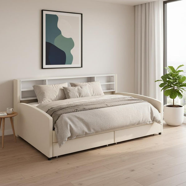 HomeRoots Beige Tufted Velvet Twin Bed Frame with Under-Bed Drawers for Stylish Storage & Comfort 592815