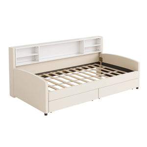 HomeRoots Beige Tufted Velvet Twin Bed Frame with Under-Bed Drawers for Stylish Storage & Comfort 592815
