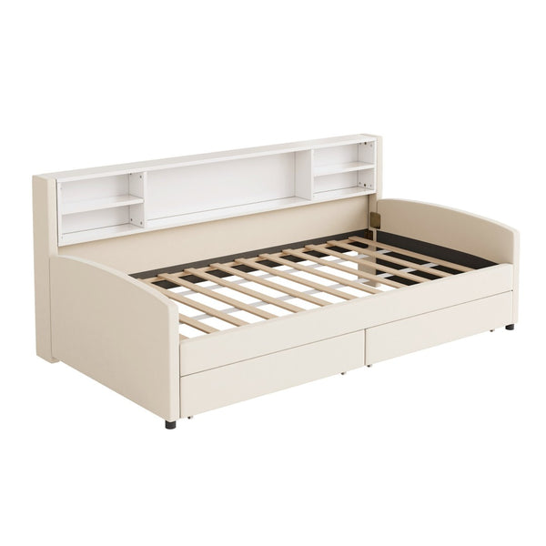 HomeRoots Beige Tufted Velvet Twin Bed Frame with Under-Bed Drawers for Stylish Storage & Comfort 592815