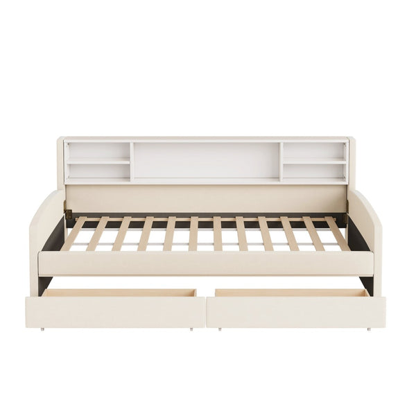HomeRoots Beige Tufted Velvet Twin Bed Frame with Under-Bed Drawers for Stylish Storage & Comfort 592815