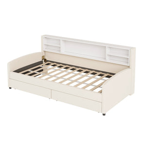 HomeRoots Beige Tufted Velvet Twin Bed Frame with Under-Bed Drawers for Stylish Storage & Comfort 592815