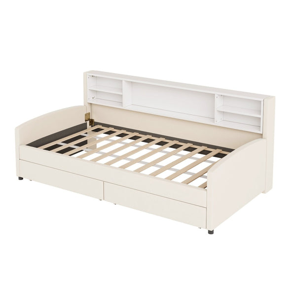 HomeRoots Beige Tufted Velvet Twin Bed Frame with Under-Bed Drawers for Stylish Storage & Comfort 592815
