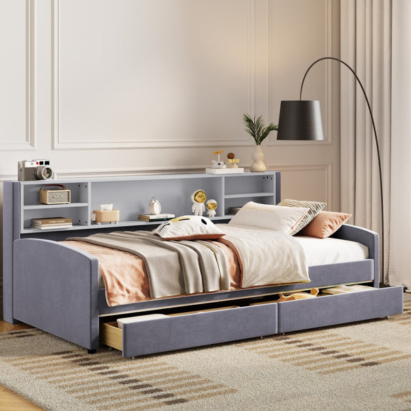 HomeRoots Gray Tufted Velvet Twin Bed Frame with Storage Drawers - Luxurious, Stylish Design for Your Bedroom 592816