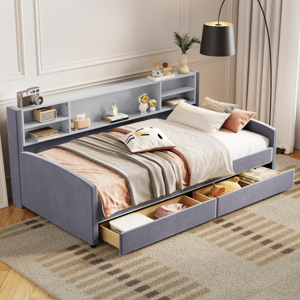 HomeRoots Gray Tufted Velvet Twin Bed Frame with Storage Drawers - Luxurious, Stylish Design for Your Bedroom 592816