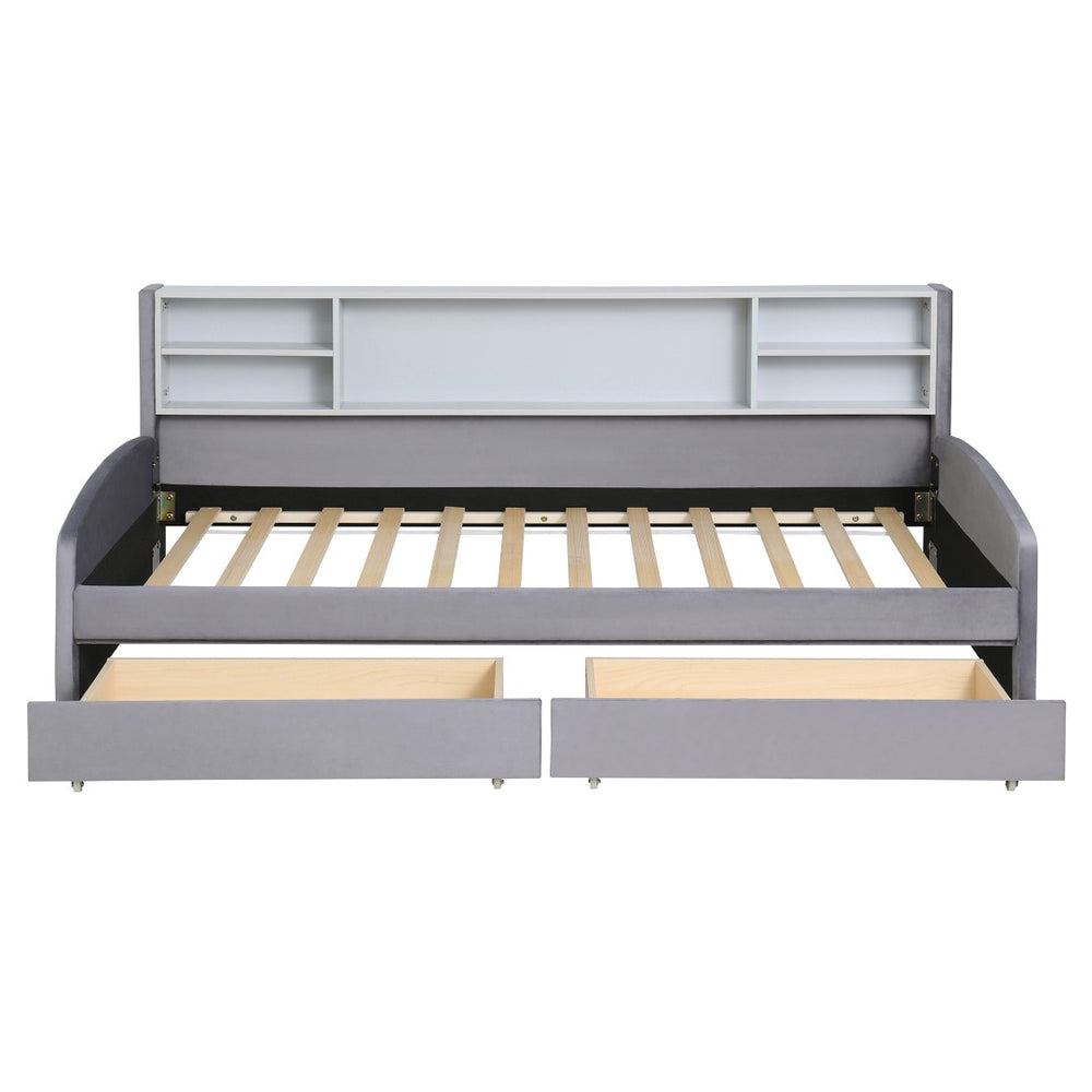 HomeRoots Gray Tufted Velvet Twin Bed Frame with Storage Drawers - Luxurious, Stylish Design for Your Bedroom 592816