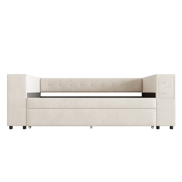 HomeRoots Beige Tufted Velvet Day Bed with Trundle – Elegant Twin Bed for Guests, Stylish & Comfortable Design 592817