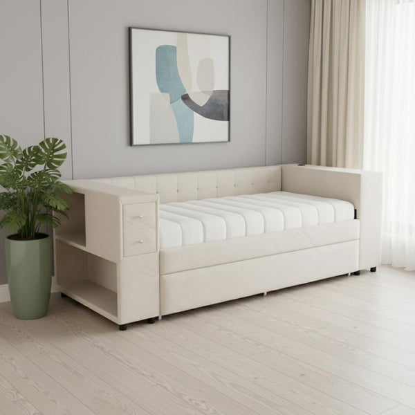 HomeRoots Beige Tufted Velvet Day Bed with Trundle – Elegant Twin Bed for Guests, Stylish & Comfortable Design 592817