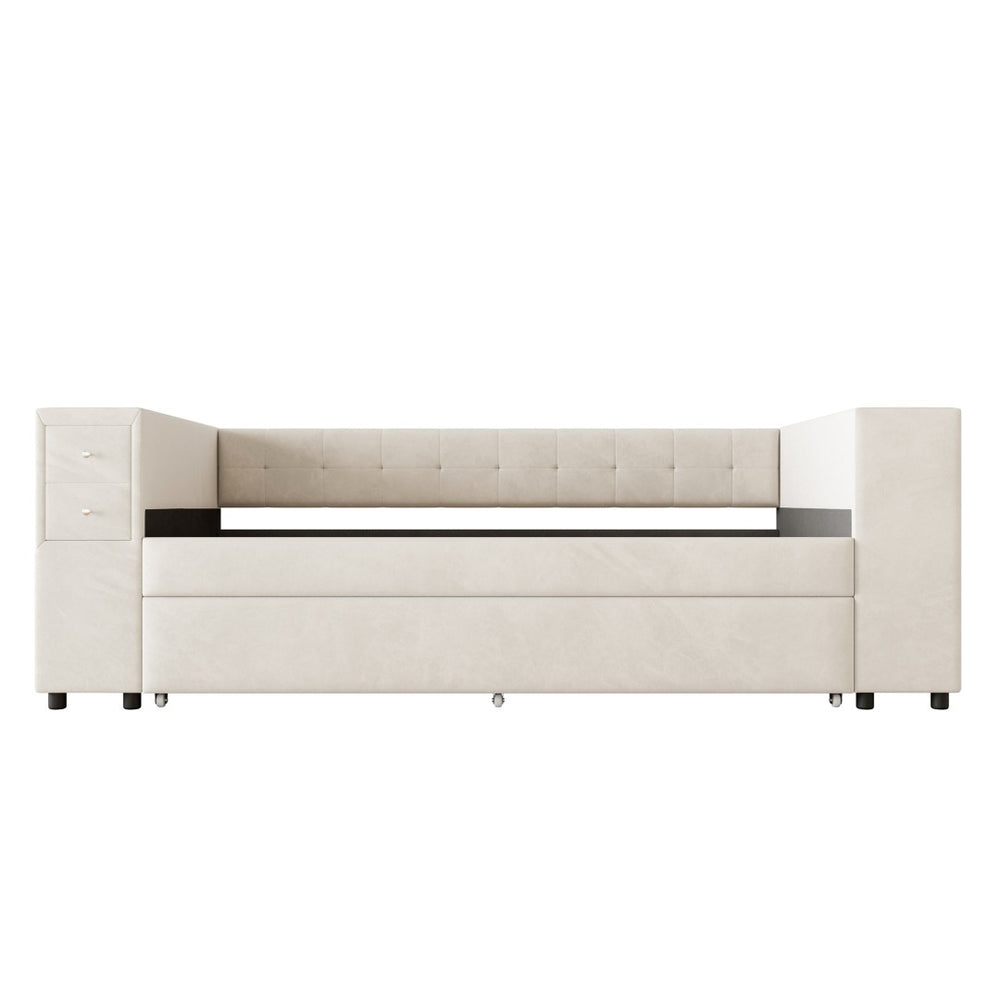 HomeRoots Beige Tufted Velvet Day Bed with Trundle – Elegant Twin Bed for Guests, Stylish & Comfortable Design 592817