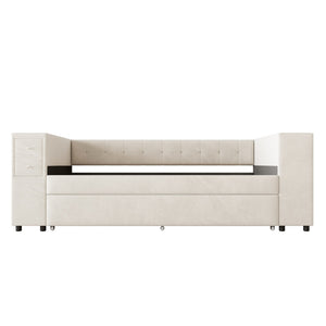 HomeRoots Beige Tufted Velvet Day Bed with Trundle – Elegant Twin Bed for Guests, Stylish & Comfortable Design 592817