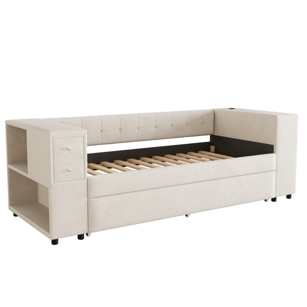 HomeRoots Beige Tufted Velvet Day Bed with Trundle – Elegant Twin Bed for Guests, Stylish & Comfortable Design 592817