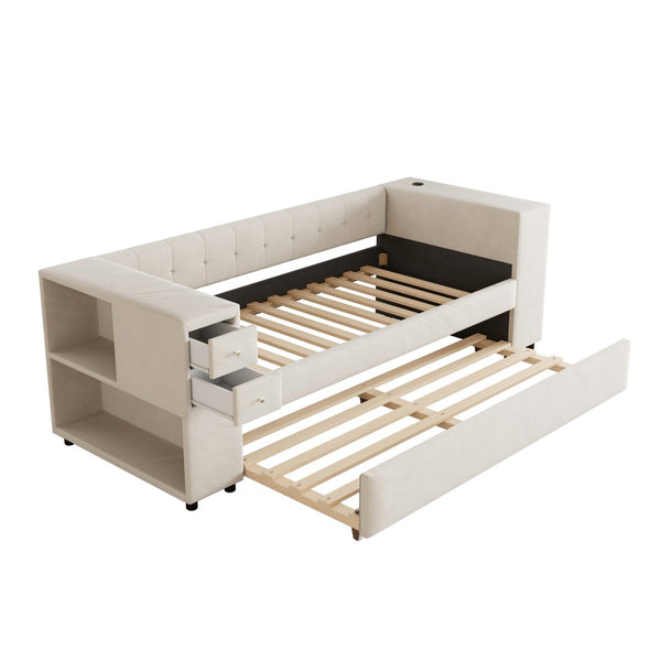 HomeRoots Beige Tufted Velvet Day Bed with Trundle – Elegant Twin Bed for Guests, Stylish & Comfortable Design 592817